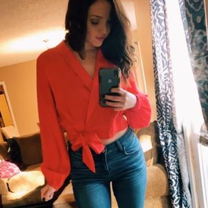 Red side tie blouse